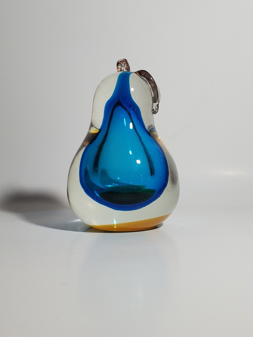 Vintage Murano Sommerso Art Glass Pear Paperweight Teal Blue Core Hand Blown